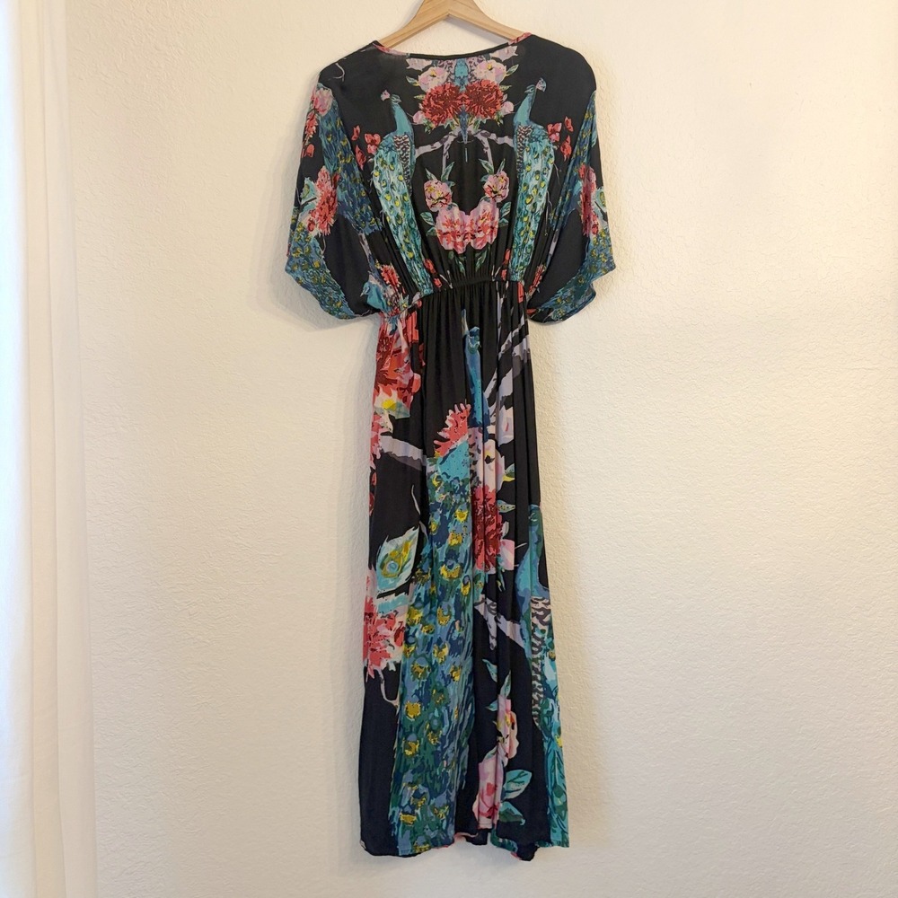 World Market Maxi Kaftan Dress S/M Boho Peacock Floral Coverup Resort Vacation - Picture 6 of 10